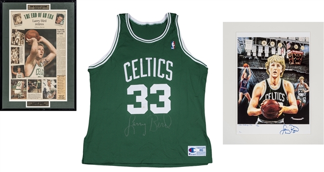 Lot of (3) Larry Bird Signed Collection: Boston Celtics Jersey, Framed Retirement Announcement Newspaper, & Lithograph (JSA)